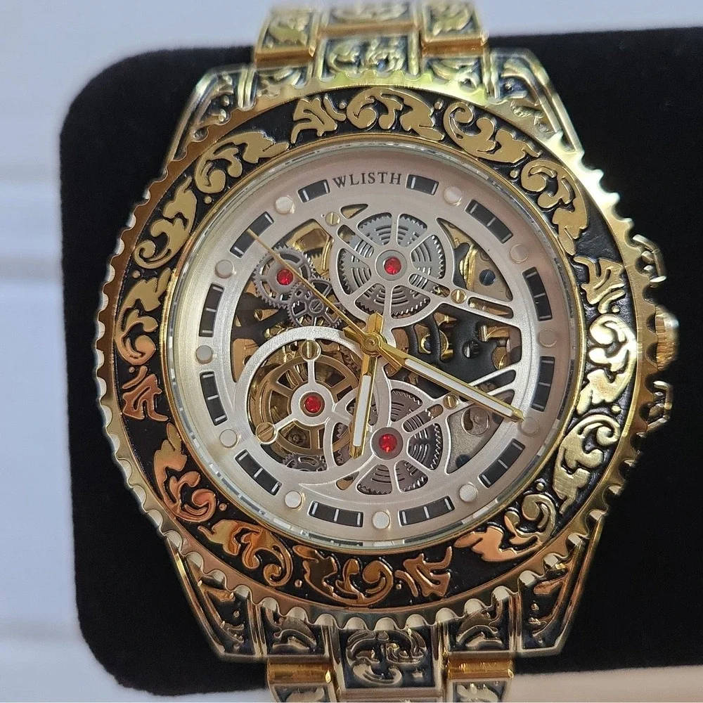 NWOB WLISTH Automatic Skeleton Watch. Gold/Black,SS Case & Strap.